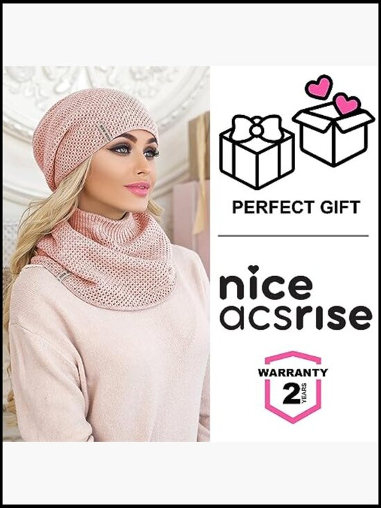 Knit Fleece Lined Beanie & Neck Warmer Set - Winter Wool Hat Scarf